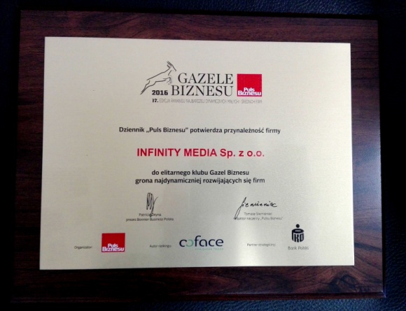 Infinity Media z Gazelą Biznesu BIZNES, Media i PR - Warszawski niezależny dom mediowy Infinity Media otrzymał tytuł Gazeli Biznesu ? wyróżnienie przyznawane przez Puls Biznesu dla dynamicznie rozwijających się małych i średnich firm.