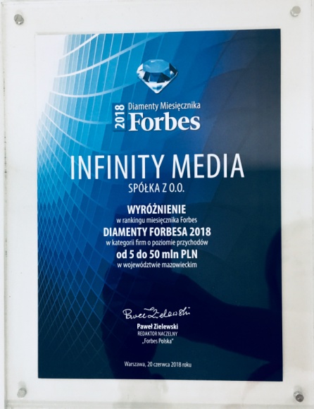 Infinity Media z tytułem Diament Forbesa 2018 BIZNES, Media i PR - Infinity Media, warszawski niezależny dom mediowy, otrzymał tytuł Diament Forbes 2018 przyznawany najszybciej rozwijającym się firmom na polskim rynku.