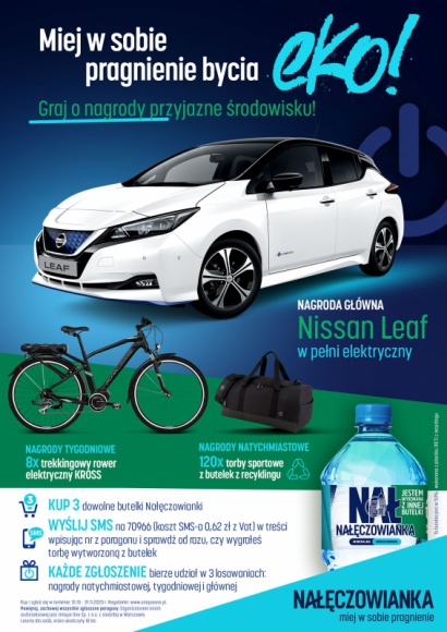Nałęczowianka wspiera kampanię ?Siła pragnienia? loterią z eko-nagrodami BIZNES, Media i PR - Marka naturalnej wody mineralnej Nałęczowianka wystartowała z ogólnopolską loterią, w której do wygrania są nagrody przyjazne środowisku, m.in. w pełni elektryczny samochód Nissan Leaf.